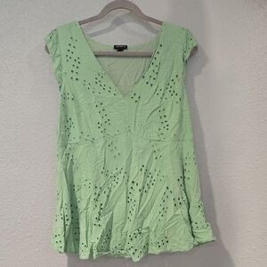 Green Eyelet V-Neck Top